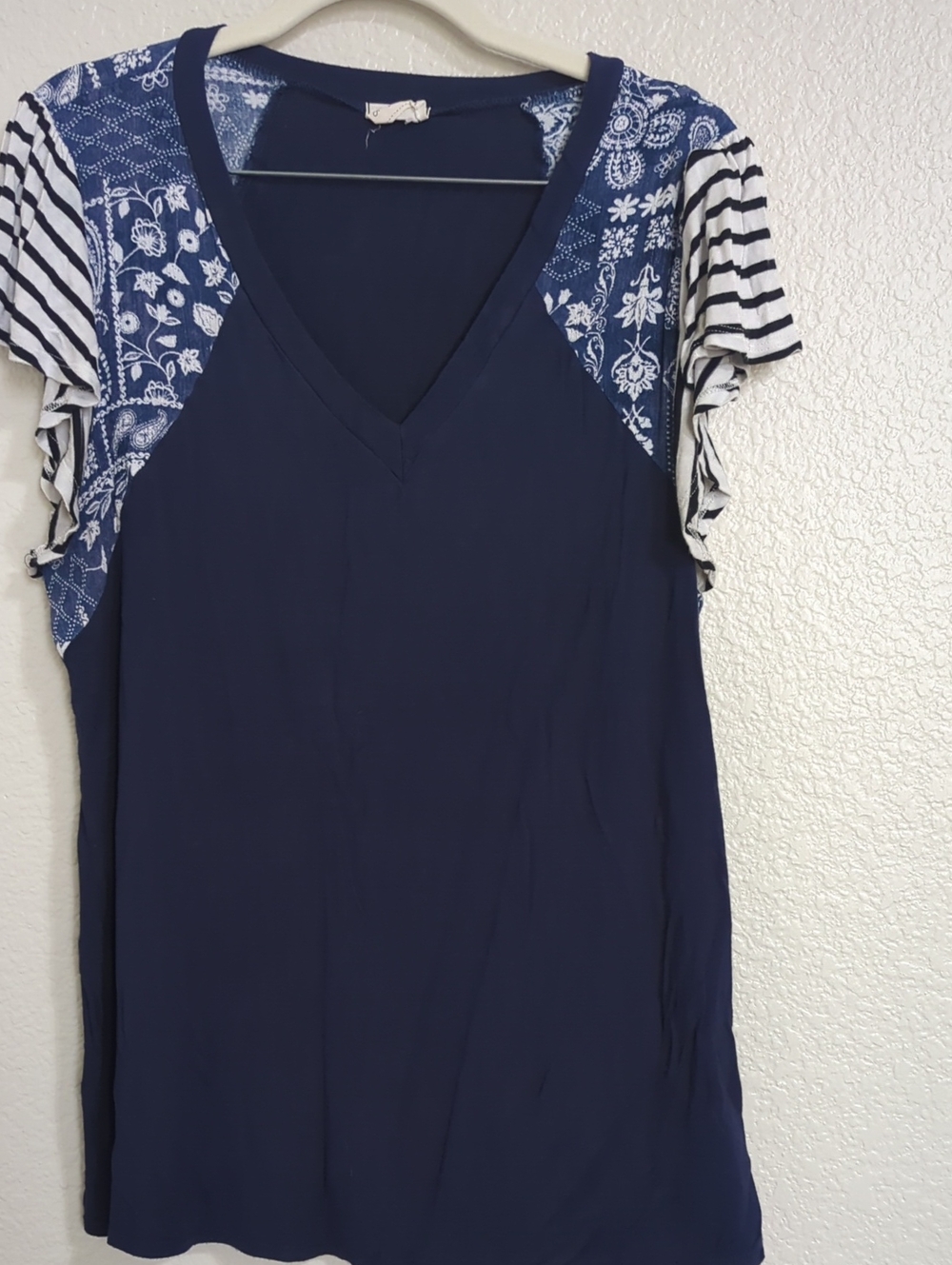 Lovely Melody Navy V-Neck Mixed-Pattern Short Sleeve Top